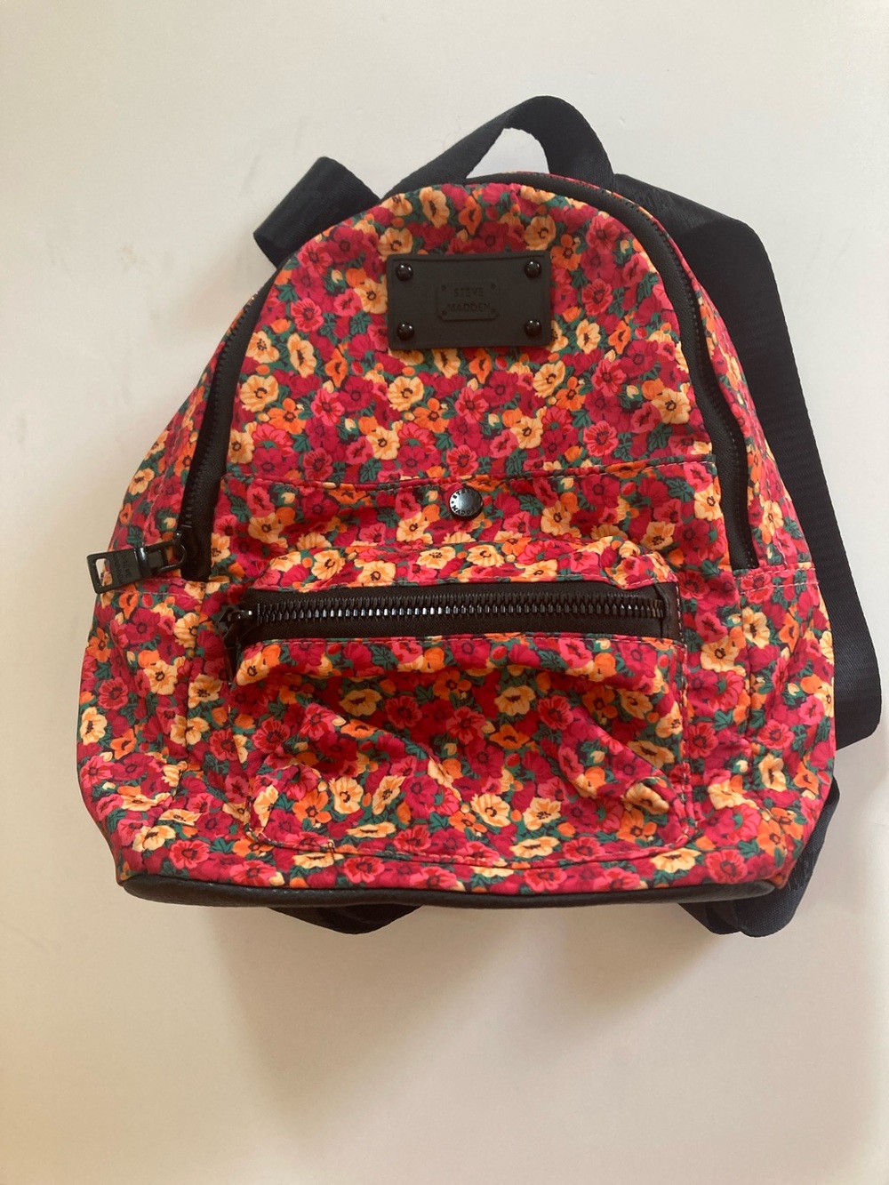 Steve Madden Floral Mini Backpack in Red, Orange & Green with Black Logo